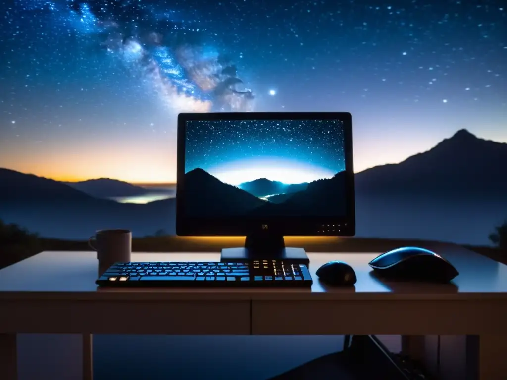 Teclado y monitor bajo un cielo estrellado, evocando la aventura en el mundo de MidnightBSD