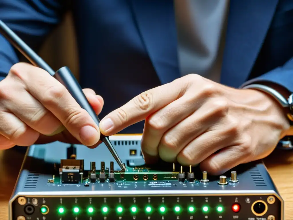 Un técnico ajusta con precisión las antenas de un router inalámbrico, destacando la meticulosidad y enfoque profesional