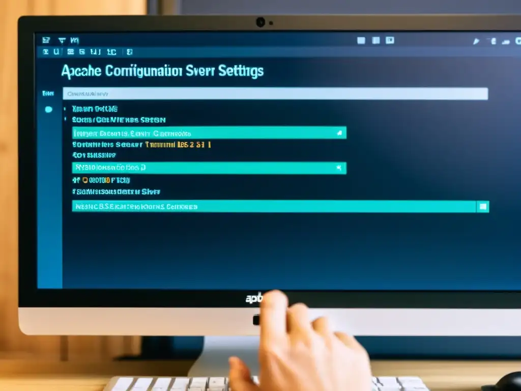 Un técnico configura Apache en BSD paso a paso, con enfoque en la pantalla del monitor y las manos en el teclado