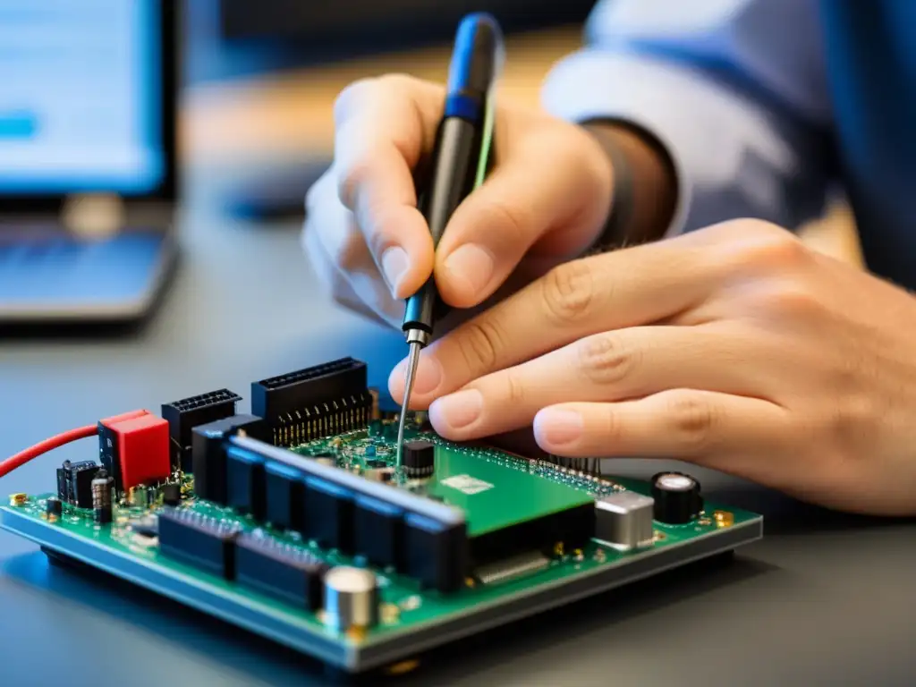 Un técnico conecta cables en un dispositivo IoT open source con precisión y dedicación