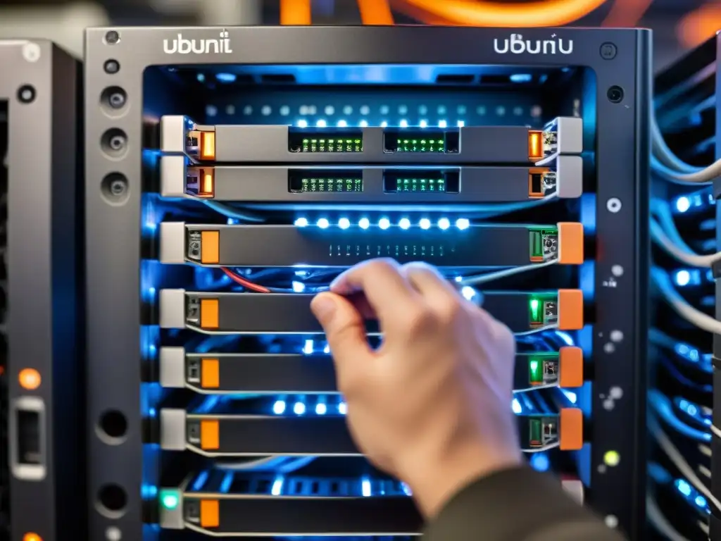 Un técnico ajusta cables en un rack de servidores, en una instalación LAMP Ubuntu Server