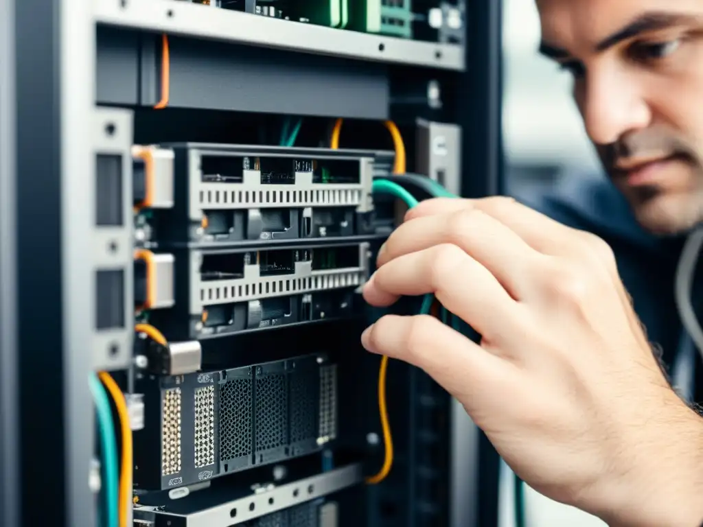 Un técnico ajusta con precisión los cables de una torre de computadora, mostrando su destreza y concentración