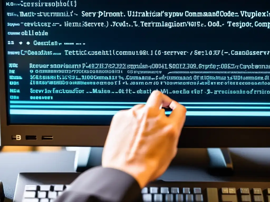 Un técnico escribe código en una ventana de terminal, mostrando precisión y expertise en la configuración de servidor seguro BSD