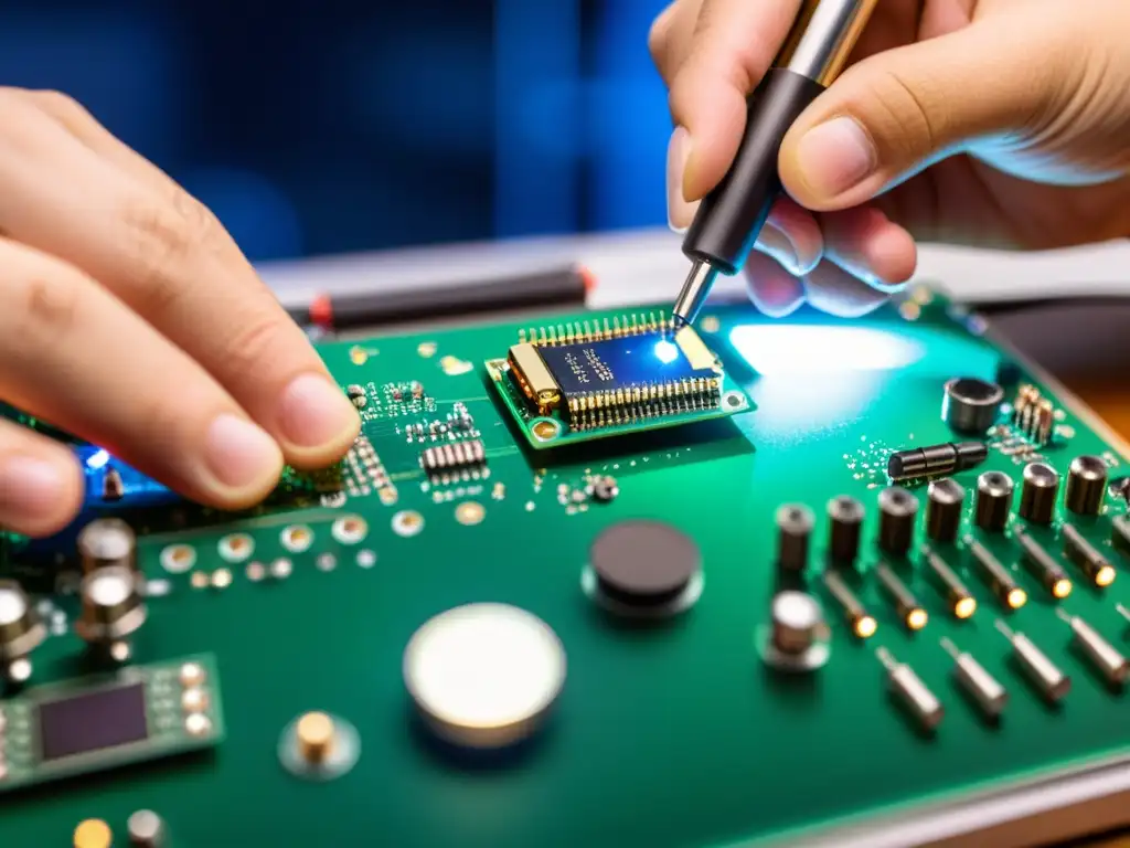 Detalle de soldadura de componentes en placa de circuito Un técnico suelda con precisión componentes en una placa de circuito, resolviendo problemas comunes en sistemas operativos IoT