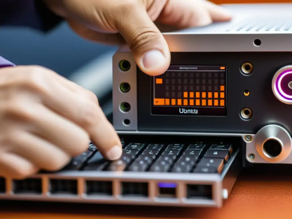 Un técnico ajusta con precisión la configuración de un elegante sistema informático Ubuntu
