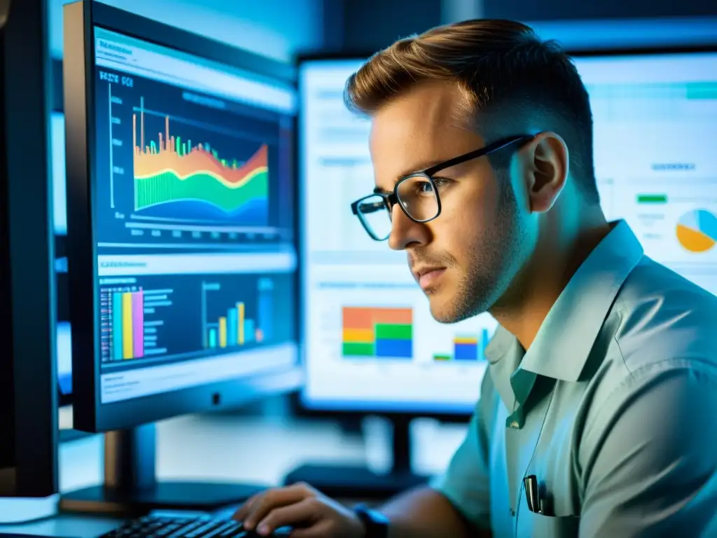 Un técnico analiza datos en una pantalla, con gráficos coloridos y cuadros diagnósticos