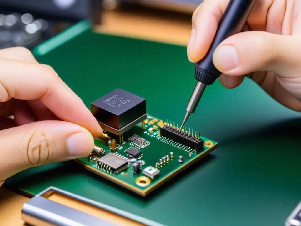 Reparación detallada de circuitos en dispositivo IoT Un técnico experto soluciona problemas comunes en sistemas operativos IoT con precisión y destreza en una imagen detallada