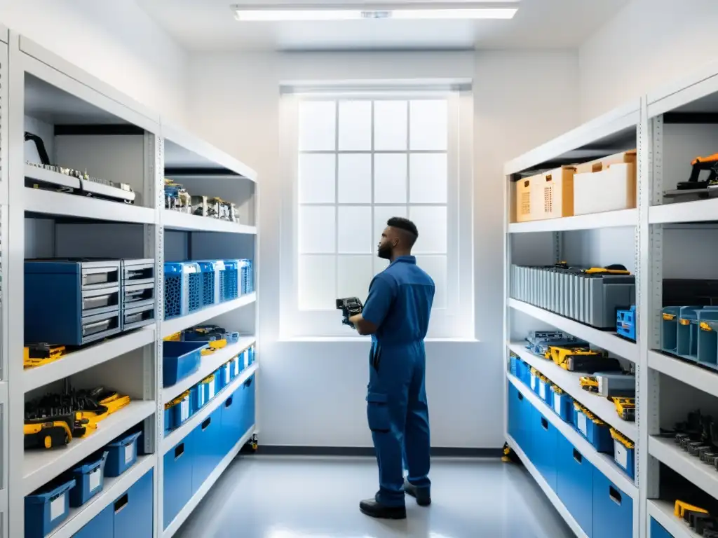 Un técnico en un impecable cuarto de mantenimiento inspecciona equipo bajo una luz suave