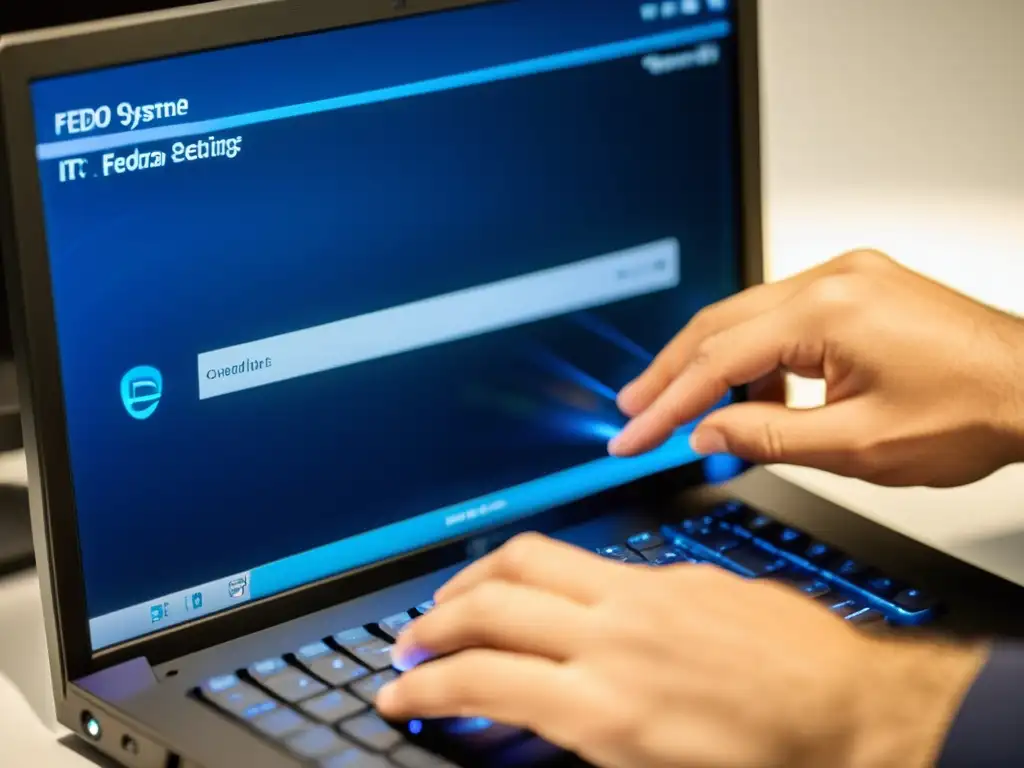 Un técnico de IT personaliza un sistema Fedora Linux en una computadora de escritorio moderna