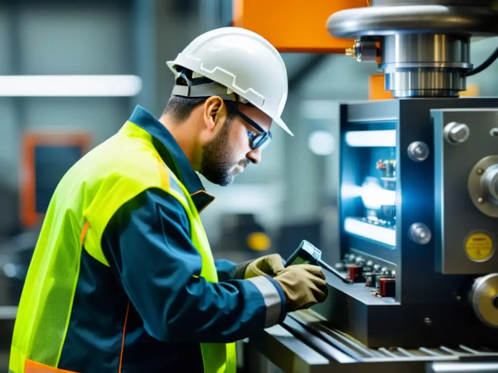 Un técnico realiza meticulosamente mantenimiento a maquinaria industrial, resaltando su precisión y profesionalismo