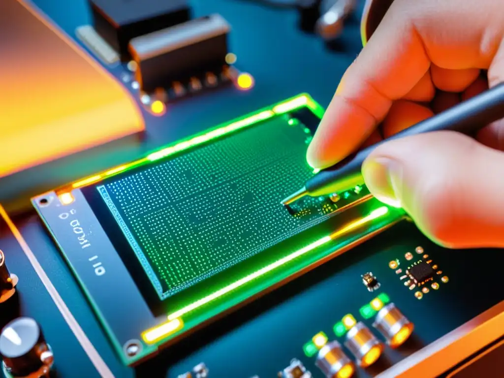 Diagnóstico profesional: técnico usando multímetro en placa de circuito IoT Un técnico utilizando un multímetro para diagnosticar una placa de circuito en un dispositivo IoT