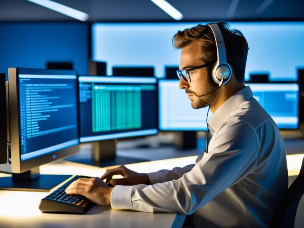 Un técnico trabaja en un ordenador con sistema BSD, implementando servicio soporte sistemas operativos alternativos en un espacio organizado y sereno