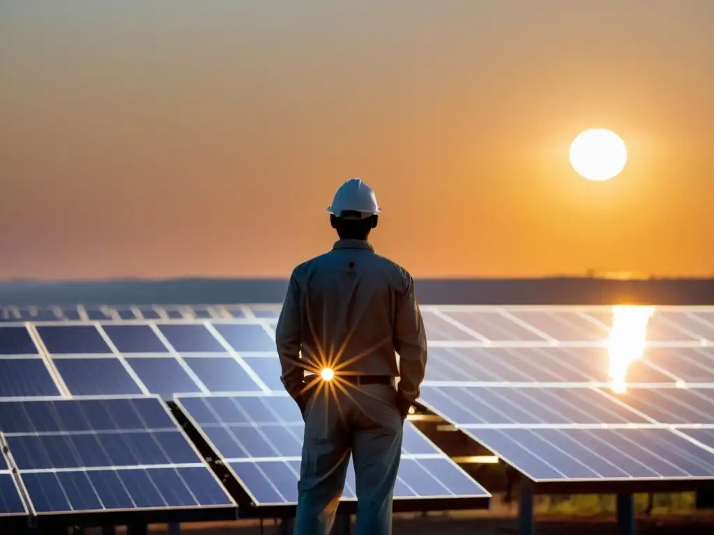 Un técnico inspecciona paneles solares al atardecer