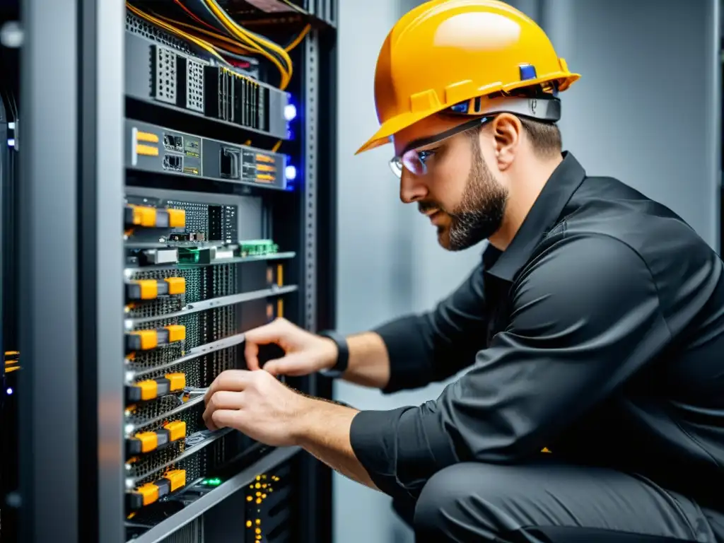 Un técnico ensambla un rack de servidores con precisión, conectando cables y asegurando componentes