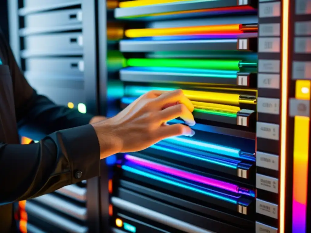 Un técnico implementando servicio soporte sistemas operativos alternativos con precisión y detalle en un moderno rack de servidores