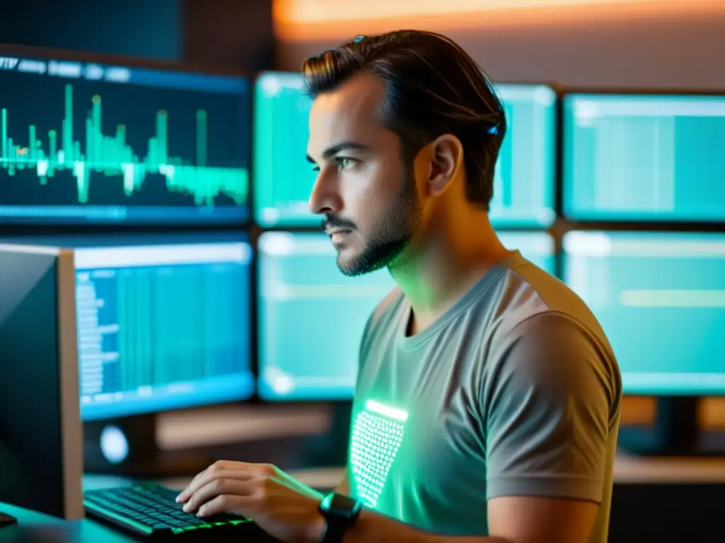 Un técnico concentradon en un servidor Linux, rodeado de código y visualizaciones de datos, con algoritmos de Inteligencia Artificial