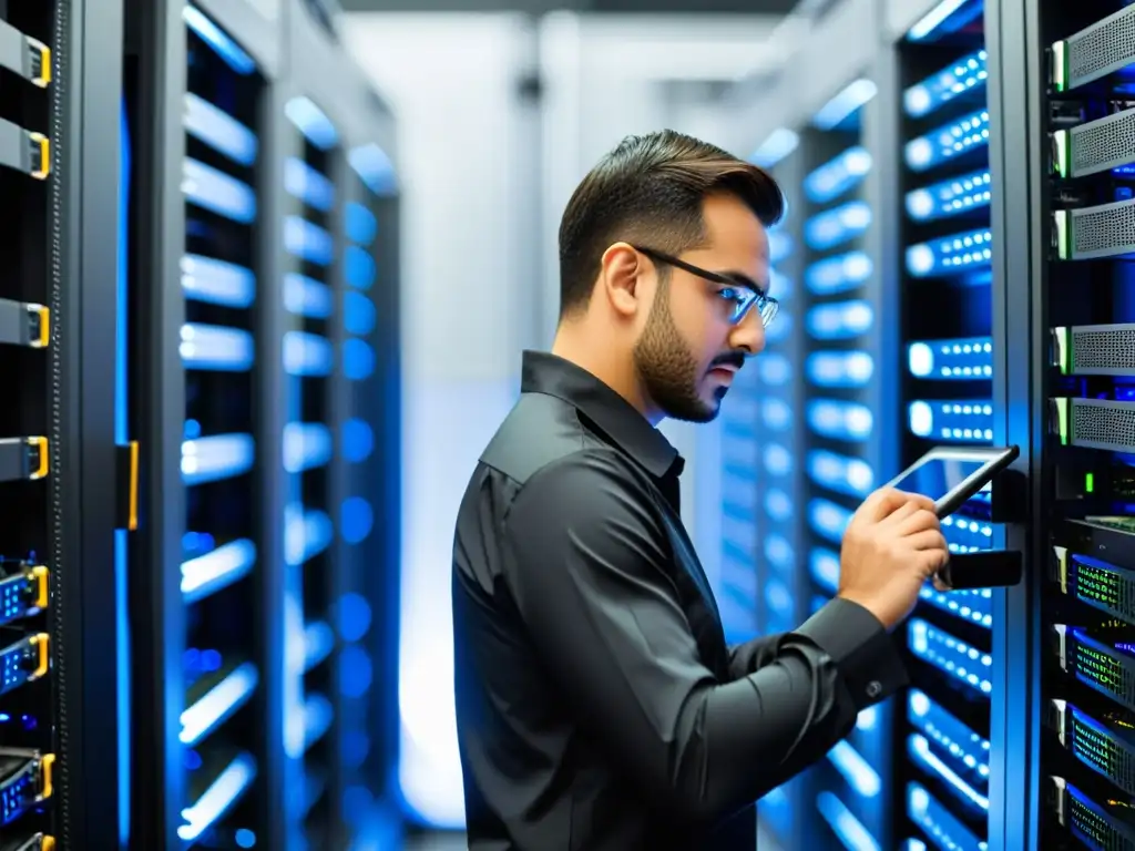 Un técnico inspecciona servidores en data center, resaltando la importancia de la configuración eficiente servidor Linux pymes