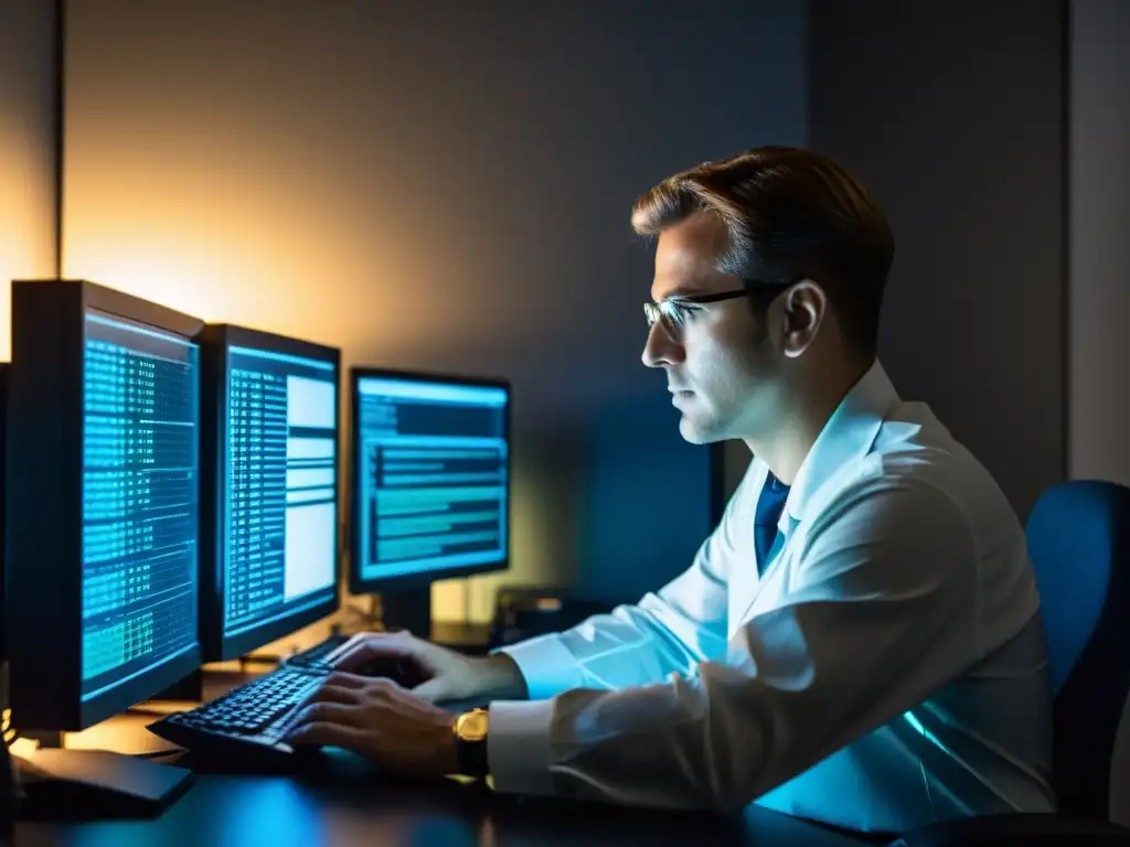 Un técnico monitorea el sistema de archivos con herramientas esenciales en una habitación con luz tenue