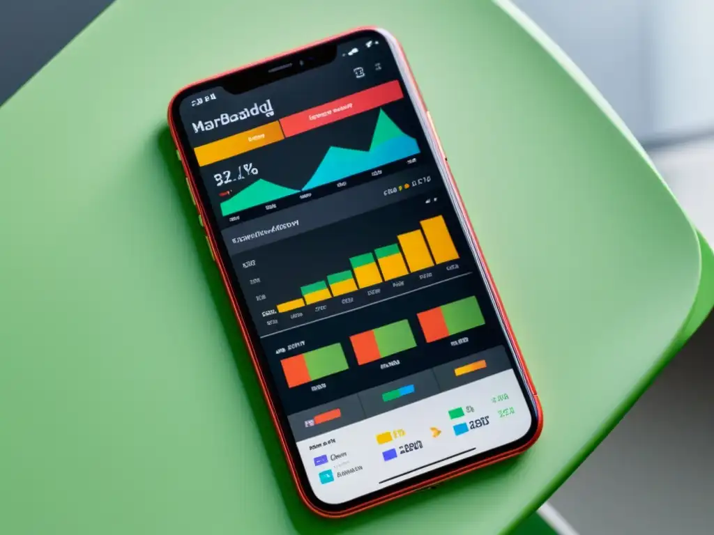 Teléfono inteligente moderno muestra panel de automatización de marketing en sistemas operativos alternativos, con gráficos detallados y dinámicos