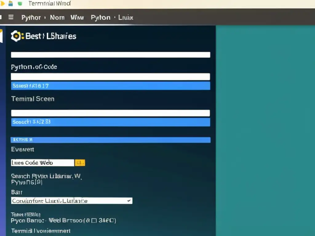 Configuración Python en Linux: Pantalla de terminal con código Python en ejecución, pestañas con documentación y navegador web