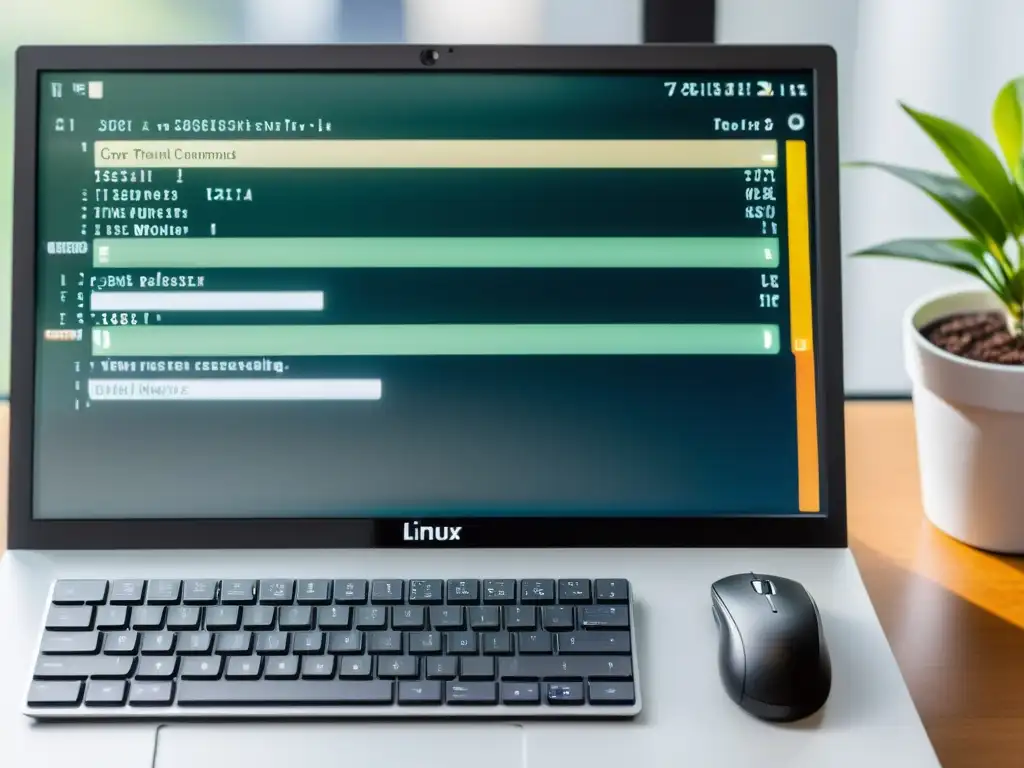 Una terminal de Linux muestra comandos esenciales en un entorno profesional y moderno, con elementos minimalistas y una taza de café