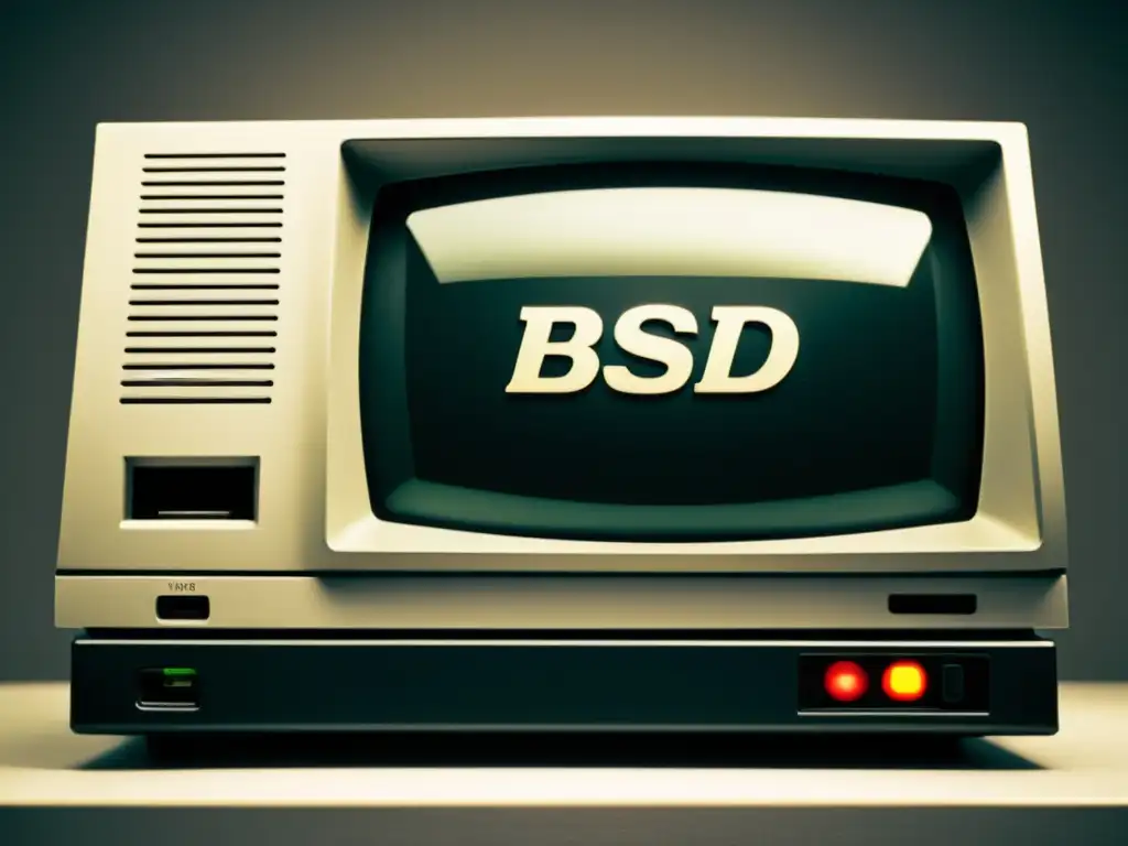 Un terminal de computadora vintage con el logo de BSD en pantalla, en un ambiente moderno, ideal para 'Introducción a BSD para entusiastas'