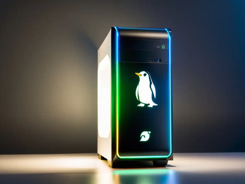 Torre de computadora moderna con iluminación RGB y logotipo de pingüino de Linux, en un escritorio minimalista