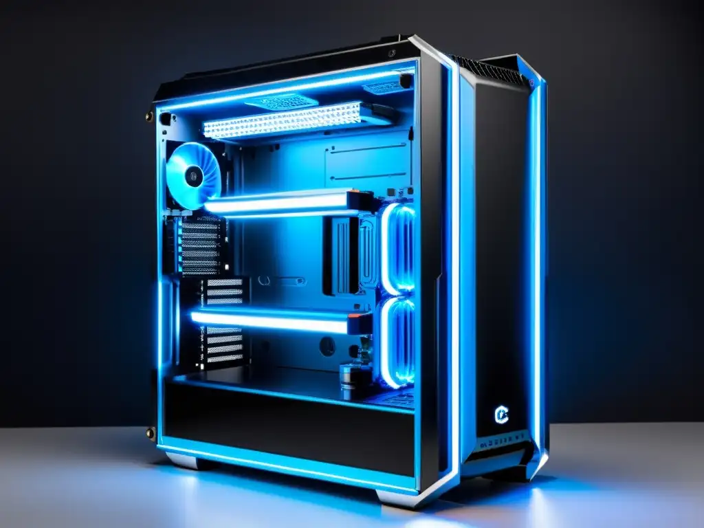 Una torre de PC negra y elegante con un sistema de refrigeración líquida sofisticado y tuberías azul neón