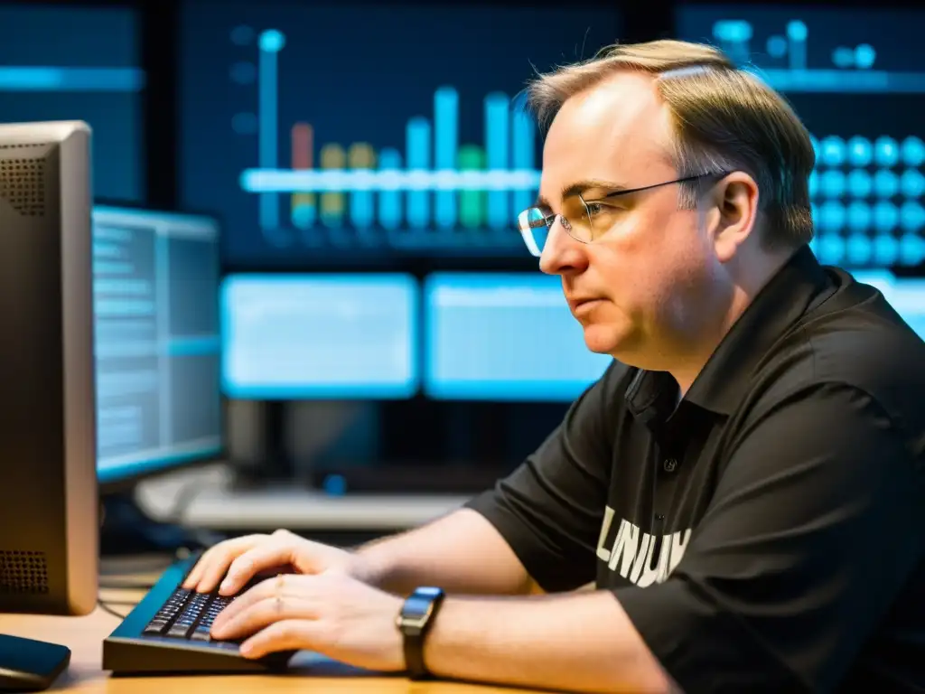 Linus Torvalds concentrado en el desarrollo del kernel de Linux, rodeado de pantallas con código y diagramas