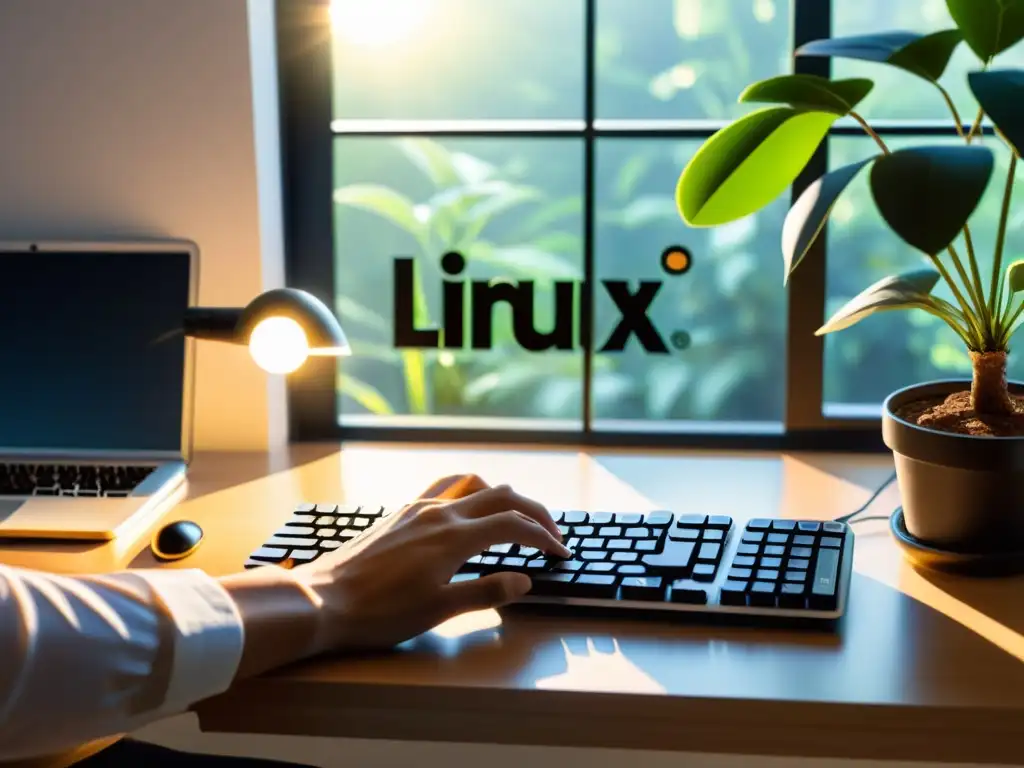Productividad profesional en Linux: Un entorno minimalista y enfocado Trabajador concentrado usando teclado con logo de Linux, reflejando profesionalismo y serenidad