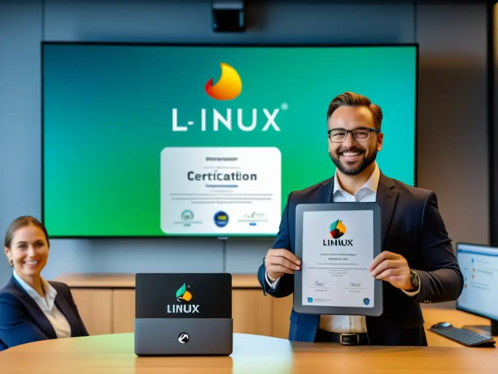 Un trabajador IT muestra su certificación Linux a colegas en una oficina moderna