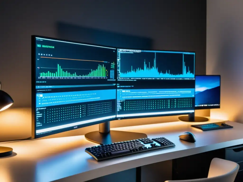 Estación de trabajo moderna con múltiples monitores mostrando código complejo y software de optimización de rendimiento