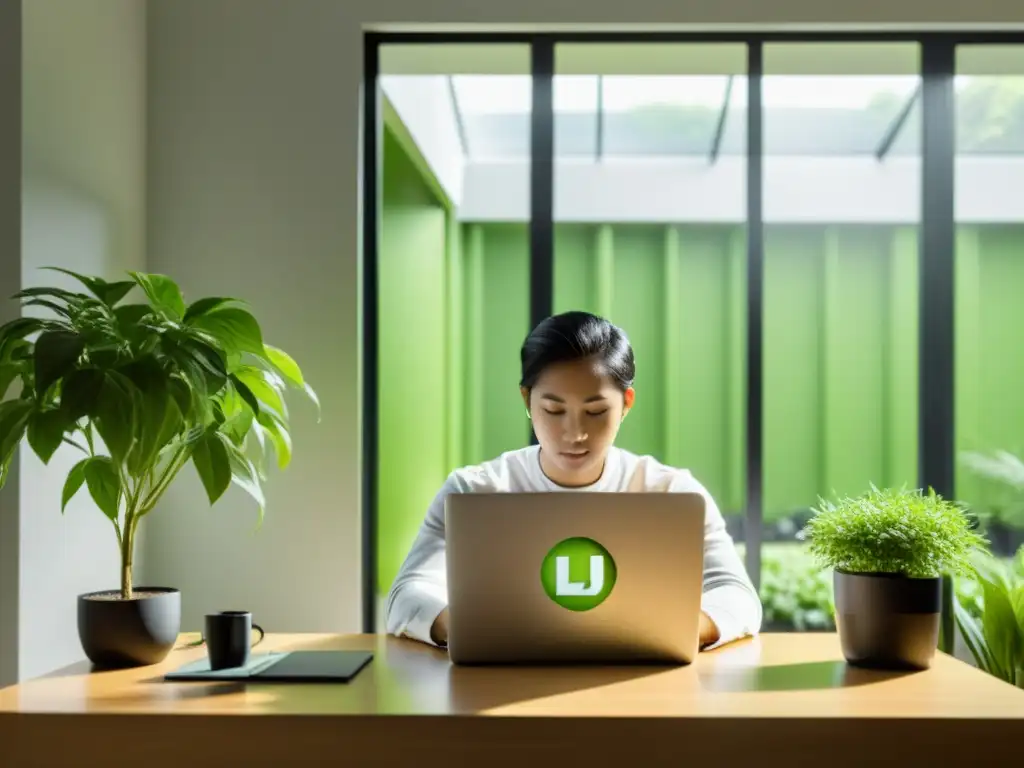 Trabajo tranquilo en un laptop con el logo de Linux Mint, rodeado de plantas