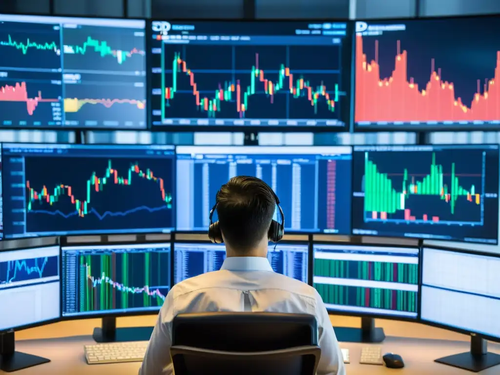 Un trader se concentra en el análisis de datos de mercado en su escritorio, rodeado de monitores y gráficos de trading, con el logo de BSD en pantalla