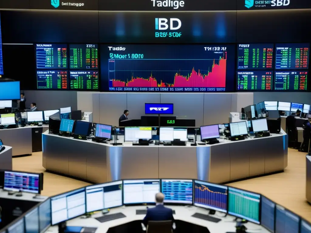 Traders interactuando con pantallas y discutiendo en el dinámico piso de trading en la bolsa BSD, mostrando profesionalismo y energía