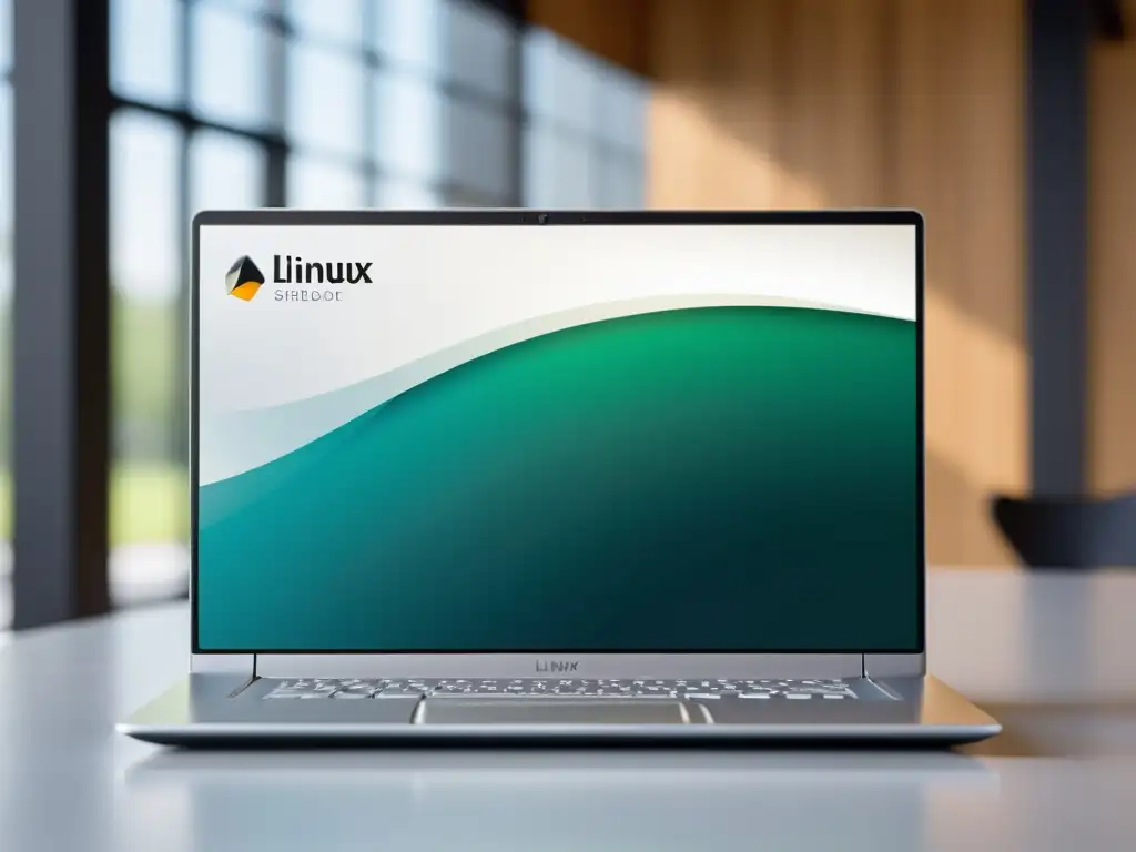 Portátil moderno con Linux en oficina minimalista Una transición a Linux: laptop moderno con el escritorio Linux en un espacio de oficina minimalista y luminoso