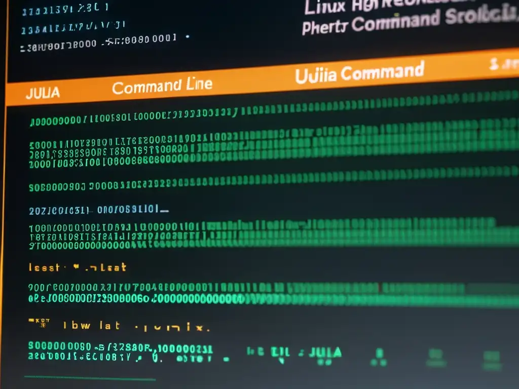 Una fotografía de alta resolución y ultra detallada de una interfaz de línea de comandos de Linux, mostrando a un usuario ejecutando un complejo script de programación en Julia con líneas de código desplazándose por la terminal