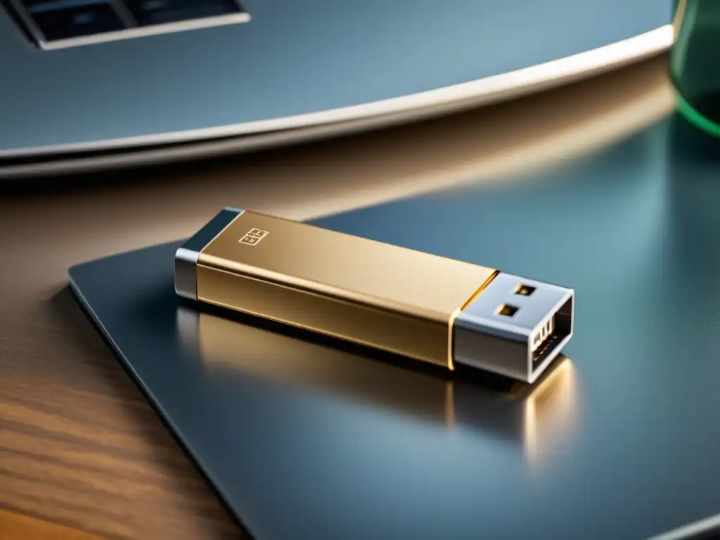 USB booteable Linux en un elegante dispositivo metálico sobre un moderno escritorio iluminado por luz natural