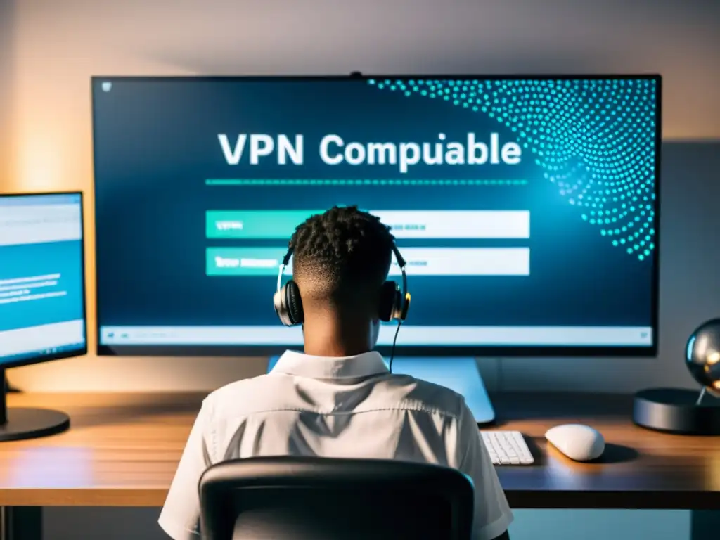 Un usuario concentrado identifica servicios VPN poco confiables en su computadora Linux, rodeado de un espacio de trabajo moderno y tecnológico