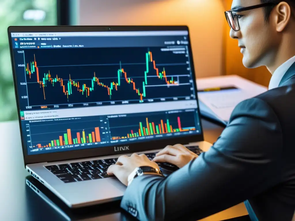 Un usuario enfocado utiliza software de análisis técnico para Linux en su elegante portátil, creando una atmósfera profesional y concentrada