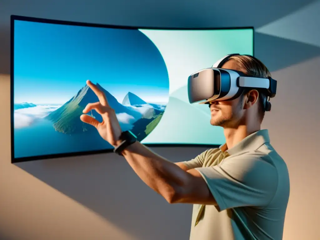 Interacción 3D en entorno futurista Usuario interactuando en un entorno 3D mediante realidad virtual, en una interfaz futurista y minimalista