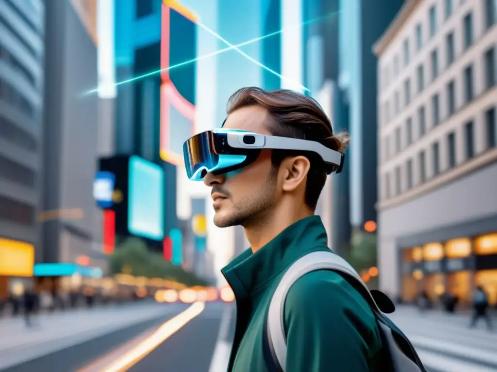 Un usuario con gafas de realidad aumentada, fusionando datos virtuales con el entorno urbano