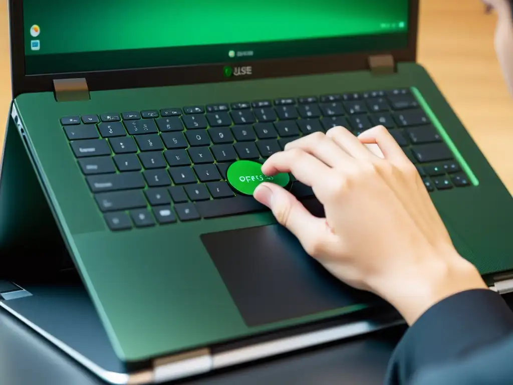 Un usuario personaliza el sistema operativo openSUSE en su moderna laptop, mostrando su naturaleza innovadora y personalizable