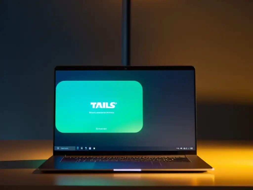 Un usuario concentradx usando el Sistema operativo Tails Linux en su laptop, en un entorno de privacidad y seguridad