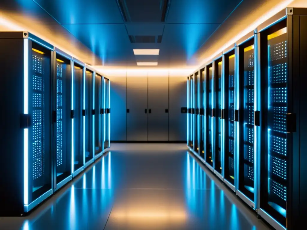 Ventajas de servidores dedicados Linux: Sala de servidores futurista con filas de racks y luces suaves, mostrando eficiencia y potencia