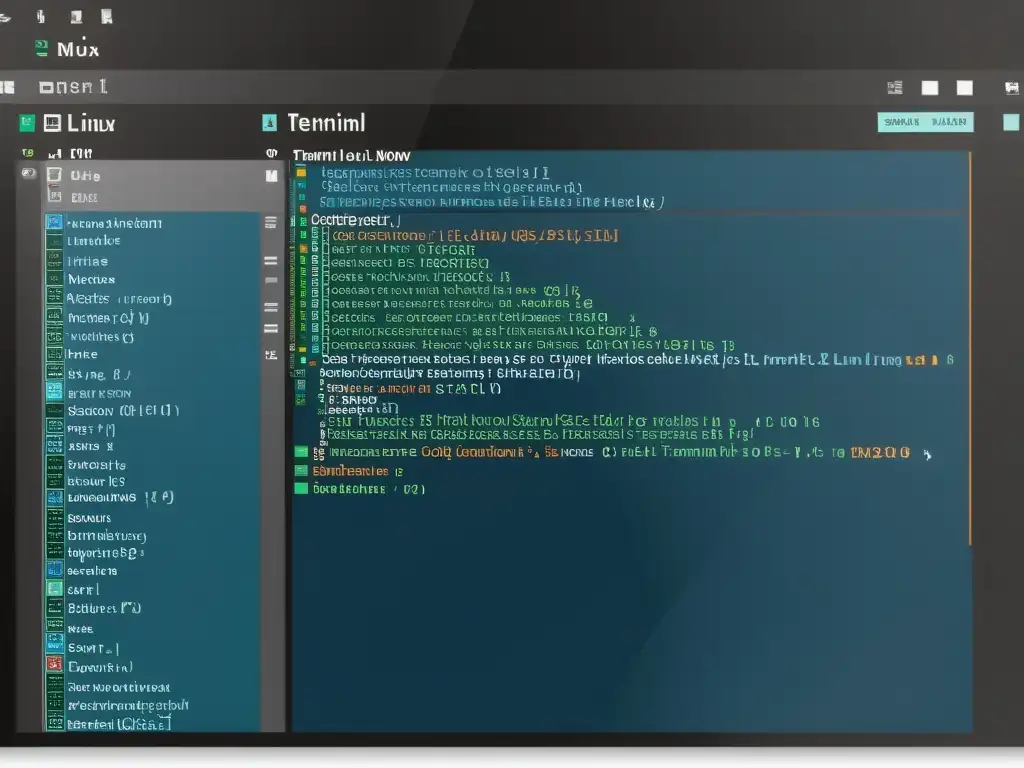 Una ventana de terminal de Linux con Tmux y Screen en acción, mostrando eficiencia y productividad en un entorno de desarrollo con Linux