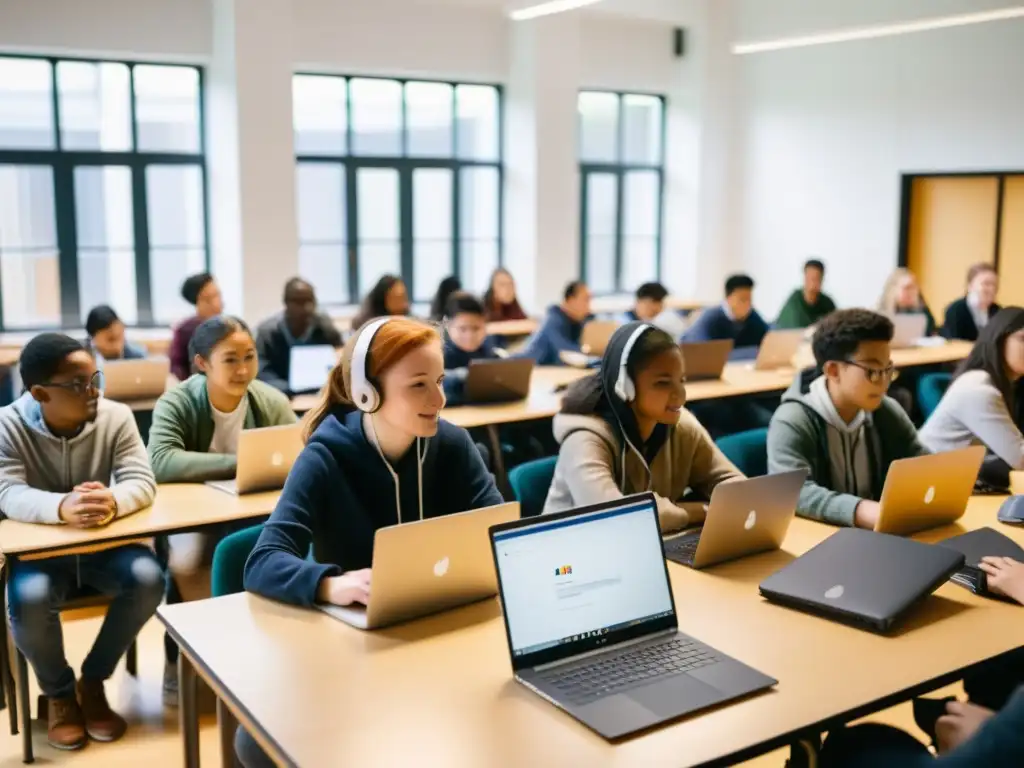 Vibrante aula con estudiantes de todas las edades y fondos, colaborando en actividades educativas bajo la luz natural