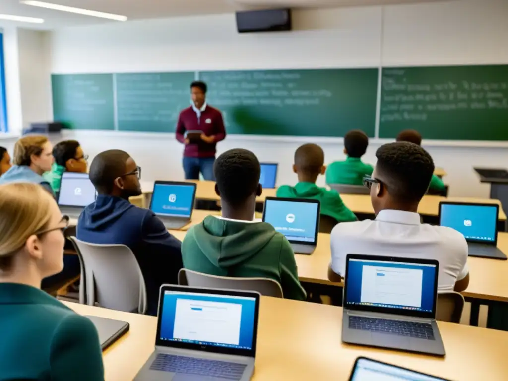 Vibrante aula con estudiantes usando Sistemas Operativos ARM en laptops y tabletas, mientras el profesor lidera una discusión educativa