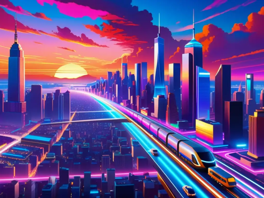 Vibrante ciudad futurista al atardecer con rascacielos, luces de neón y multitud