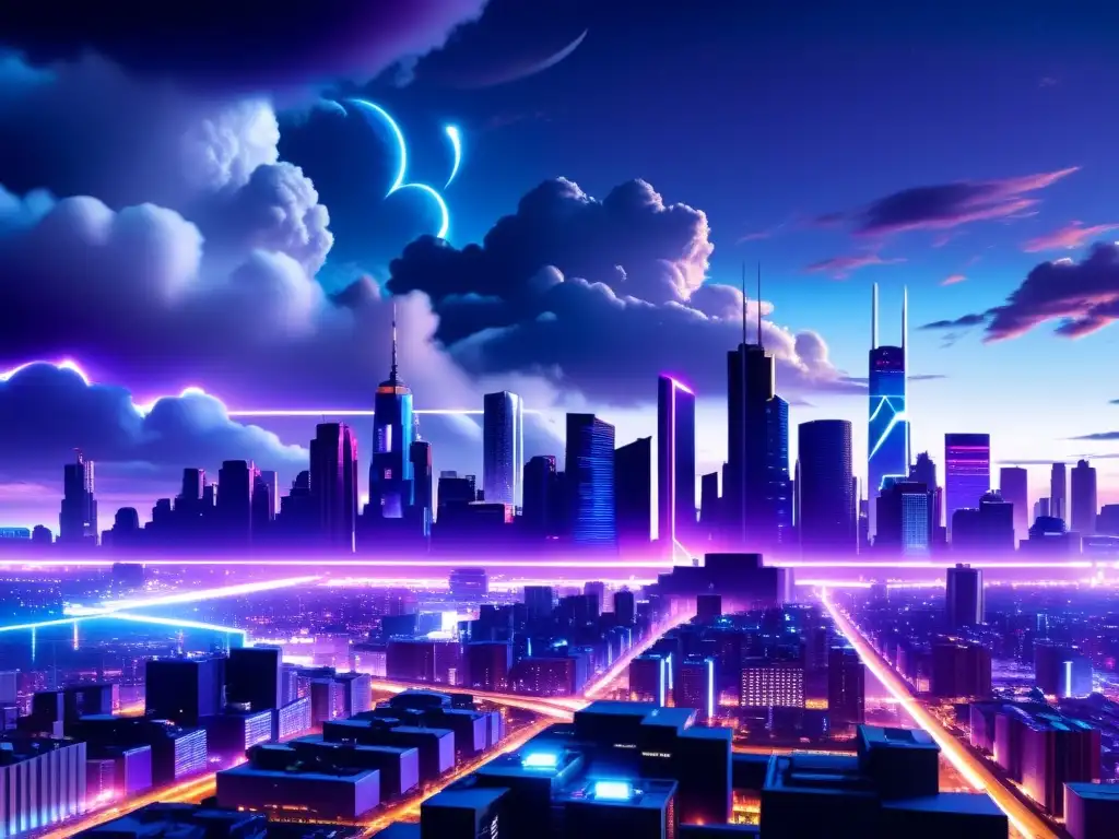 Vibrante ciudad futurista en la nube, con edificios iluminados por luces de neón